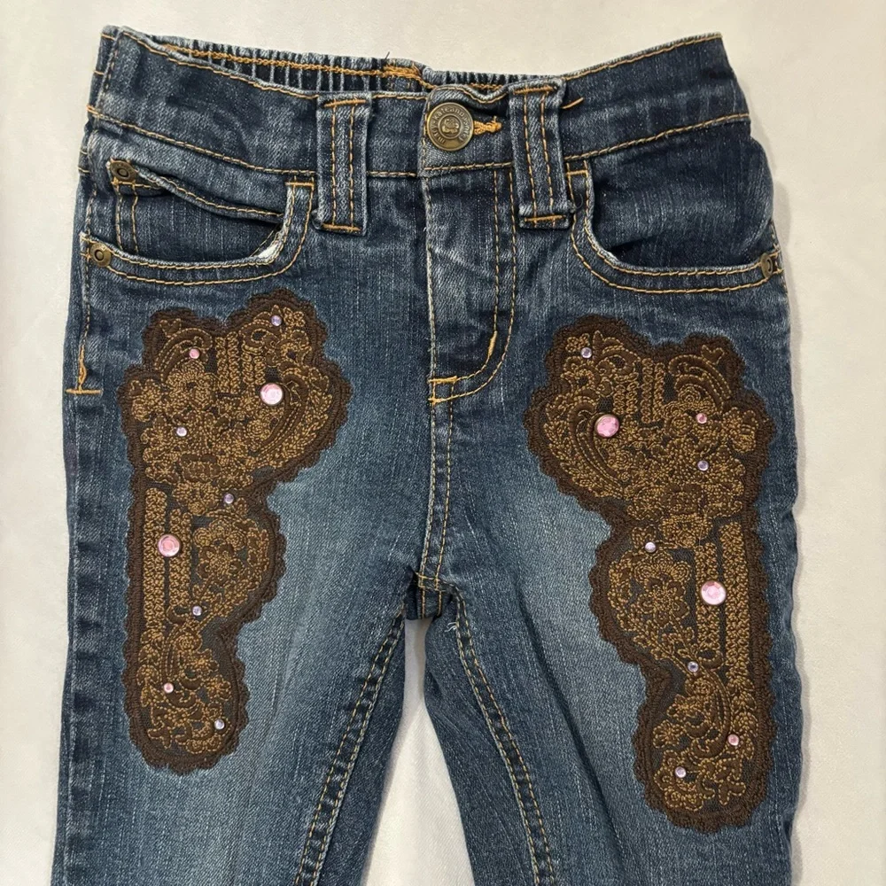 Vintage Y2K 90s Mary Kate Ashley Girl Denim Capris Size 6 Western Boho Patches - Picture 2 of 10